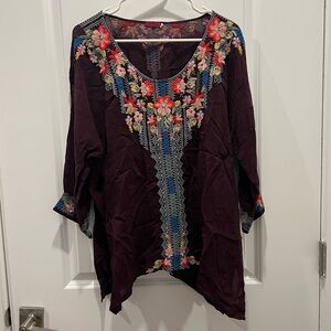 Johnny Was Brown Embroidered Top
